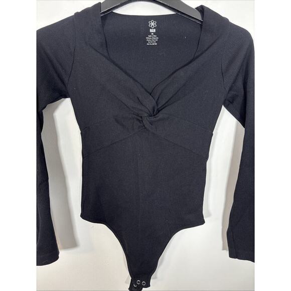 Aura Ribbed Knit Bodysuit Size M/L Black Twist Front V Neck Long Sleeve Layering - Picture 6 of 6